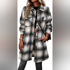 Plaid Long Utility Shacket Jacket - Black & Cream
